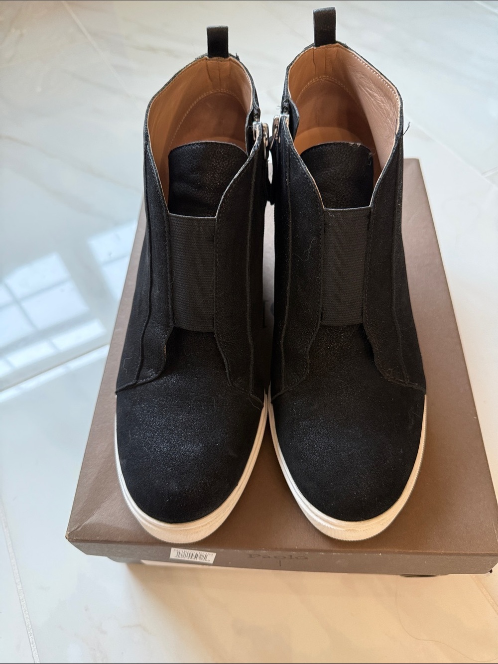 Linea Paulo Black Pearl Leather High-Top Slip-On Sneakers with White Sole